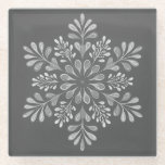 Baroque Slate Mandala Glazen Onderzetter<br><div class="desc">Elegant glass coaster featuring a hand-painted style mandala inspired by Baroque and Damask patterns. The design uses a sophisticated monochromatic palette, layering crisp whites and soft greys against a deep slate charcoal background. With its delicate swirls and teardrop motifs, this piece offers a timeless, classic aesthetic that effortlessly complements both...</div>