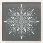 Baroque Slate Mandala Glazen Onderzetter<br><div class="desc">Elegant glass coaster featuring a hand-painted style mandala inspired by Baroque and Damask patterns. The design uses a sophisticated monochromatic palette, layering crisp whites and soft greys against a deep slate charcoal background. With its delicate swirls and teardrop motifs, this piece offers a timeless, classic aesthetic that effortlessly complements both...</div>