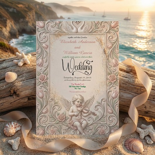 Baroque Swan & Cherub Wedding Invitation. Kaart