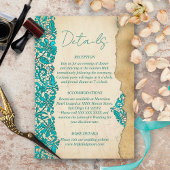 Baroque Turquoise Floral Lace Wedding  Informatiekaartje