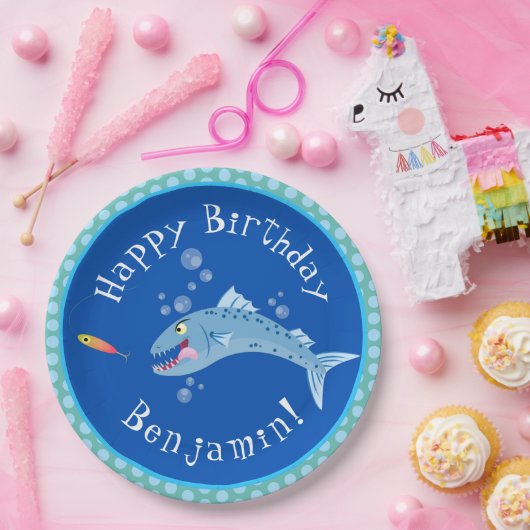 Barracuda hongerige visserij cartoon gepersonalise papieren bordje (Feest)