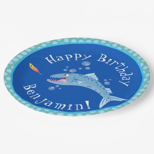 Barracuda hongerige visserij cartoon gepersonalise papieren bordje (Gekanteld)