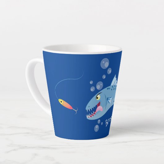 Barracuda vissen hongerig vissen cartoon illustrat latte mok (Linkerhoek)