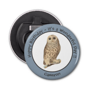 Barred Owl - Verjaardag of ander feestthema evenem Button Flesopener