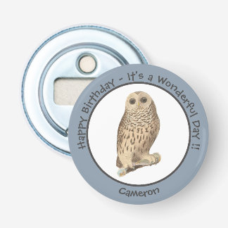 Barred Owl - Verjaardag of ander feestthema evenem Button Flesopener