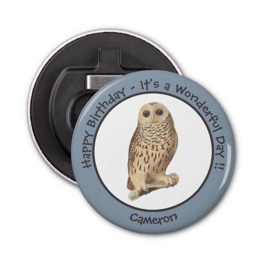 Barred Owl - Verjaardag of ander feestthema evenem Button Flesopener (Voorkant)