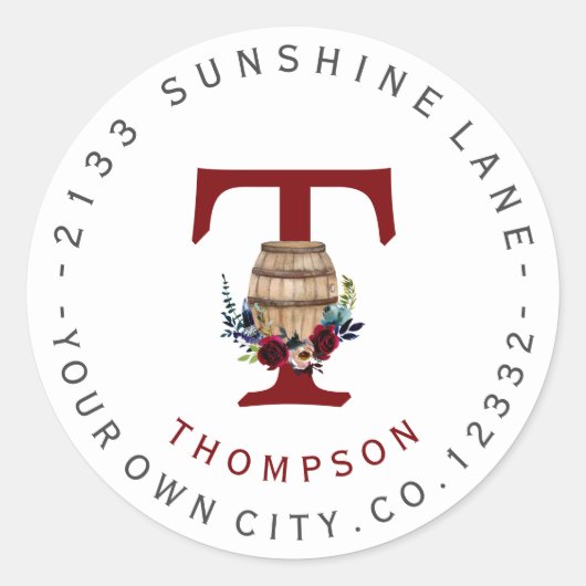 Barrel Bourgogne Floral Circular Address Label (Voorkant)