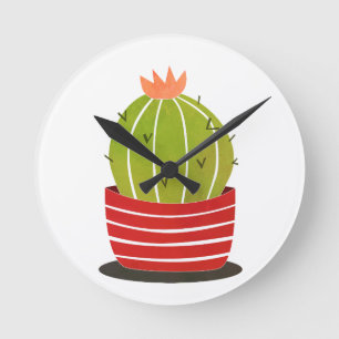 BARREL CACTUS in een rode pot Minimale kunst Ronde Klok