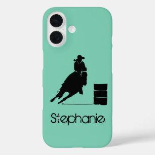 Barrel Racing Girl Silhouette op een groene achter iPhone 16 Hoesje