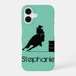 Barrel Racing Girl Silhouette op een groene achter iPhone 16 Hoesje