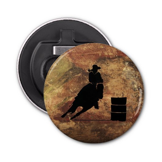 Barrel Racing Girl Silhouette op een Grunge Textur Button Flesopener (Voorkant)