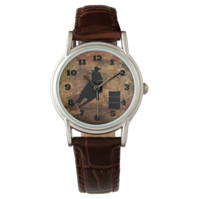 Barrel Racing Girl Silhouette op een Grunge Textur Horloge (Voorkant)