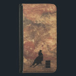 Barrel Racing Girl Silhouette op een Grunge Textur<br><div class="desc">Opwindende en bijtende rodeo-afbeelding. Silhouette van een cowgirl loop met haar paard. Achtergrond is een ruw gewetherde bruine en rode,  met rood gekleurde aardse textuur. Geweldig voor rodeoliefhebbers en paardenliefhebbers.</div>