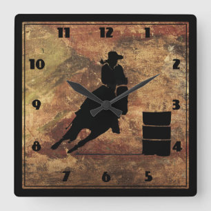 Barrel Racing Girl Silhouette op een Grunge Textur Vierkante Klok
