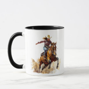 Barrel racing meisje en paard in competitie. mok