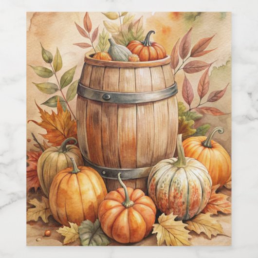 Barrel with Pumpkins Fall Wijn Etiket (Enkel label)