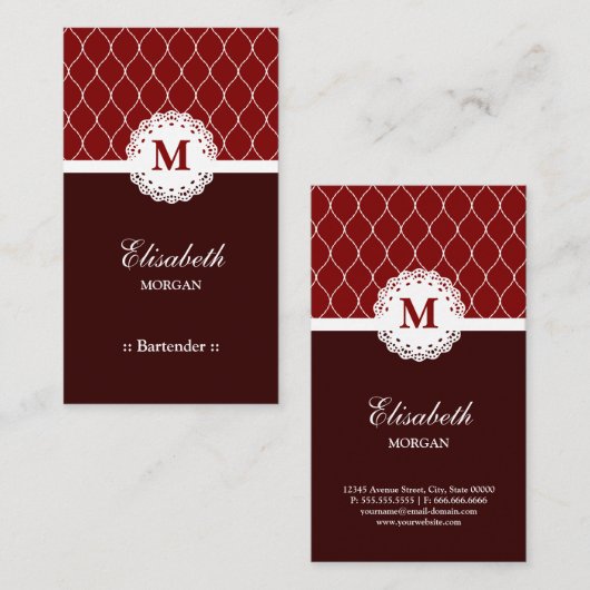 Bartender Elegant Brown Lace Pattern Visitekaartje (Voorkant / Achterkant)