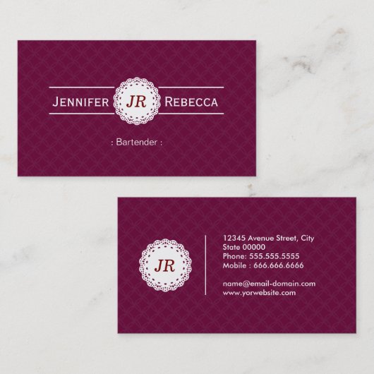 Bartender - Modern Monogram Paars Visitekaartje (Voorkant / Achterkant)