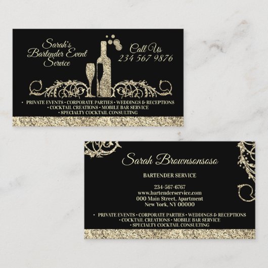 Bartender mousserend goud bedrukt visitekaartje (Voorkant / Achterkant)