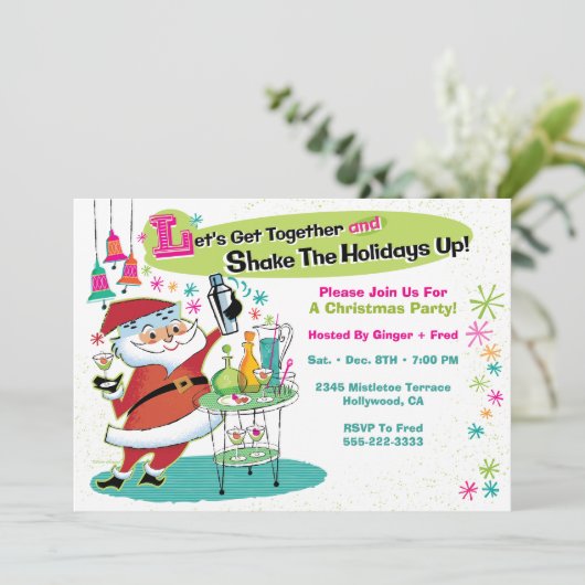 Bartender Santa Retro Kerstfeest Uitnodigingen (Staand voorkant)