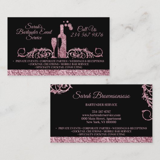 Bartender sprankelend roze Zwart Visitekaartje (Voorkant / Achterkant)