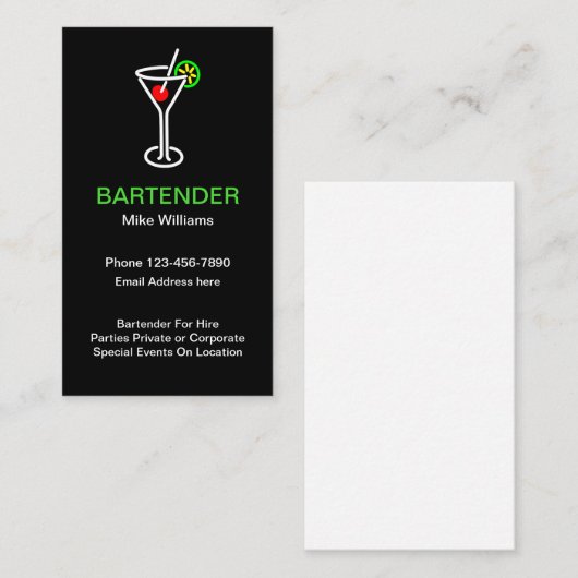 Bartender voor Hire Visitekaartje (Voorkant / Achterkant)