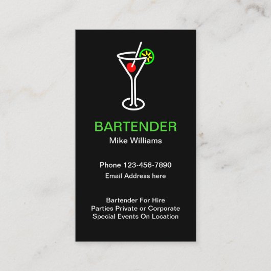 Bartender voor Hire Visitekaartje (Voorkant)