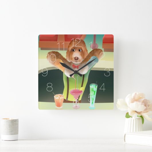 Bartending Dog in Retro Bar Vierkante Klok (Huis)