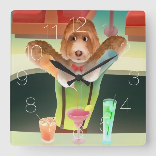 Bartending Dog in Retro Bar Vierkante Klok (Voorkant)