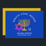 BARUCH ATAH ADONAI | Hanukkah Blessings Feestdagenkaart<br><div class="desc">Stijlvolle, elegante vormgeving voor uw HANUKKAH decor. Het ontwerp shows een gouden kleurige MENORAH met een multicolored STAR VAN DAVID en zilver grijs DREIDEL. Bovenaan staat een gekromde tekst met BARUCH ATAH, ADONAI (verbijsterd: U, O God) en onder de tekst staat HANUKKAH BLESSINGS VAN ONZE THUIS TOT UW. Op het...</div>