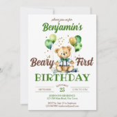 Bary eerste verjaardag teddybeer feestje groen bru kaart (Voorkant)