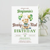 Bary eerste verjaardag teddybeer feestje groen bru kaart (Staand voorkant)