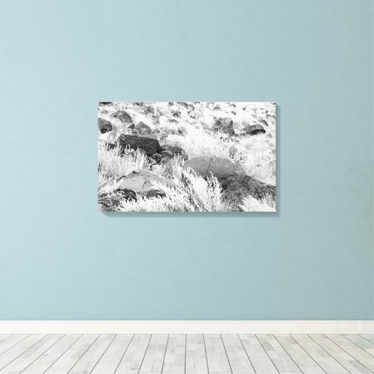 Basalt lava rotsen in woestijn, zwart en wit foto canvas afdruk (Insitu (Houten vloer))