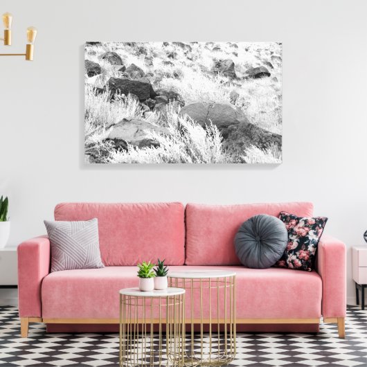 Basalt lava rotsen in woestijn, zwart en wit foto canvas afdruk (Insitu (Woonkamer))