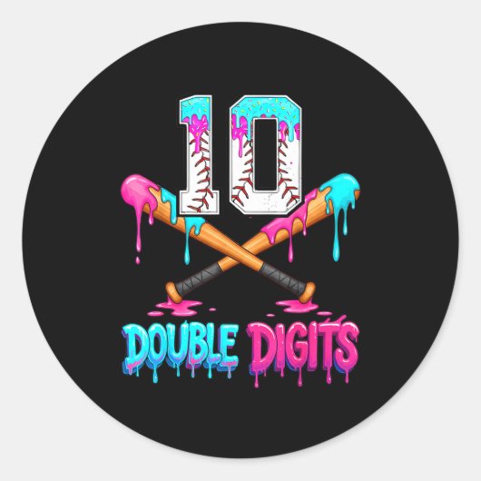 Baseball 10 Year Old Ice Cream Drip 10th Bday Doub Ronde Sticker (Voorkant)
