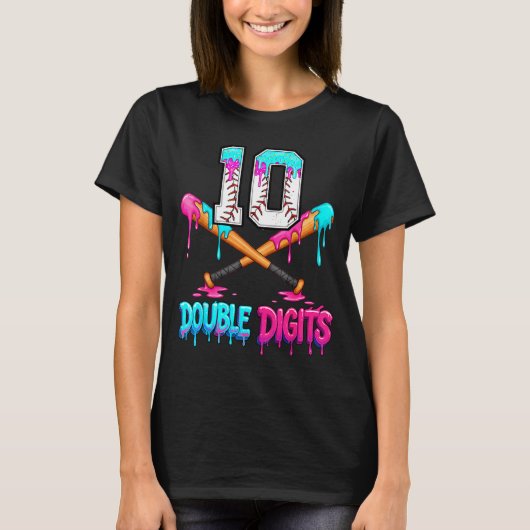 Baseball 10 Year Old Ice Cream Drip 10th Bday Doub T-shirt (Voorkant)