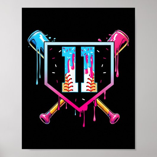 Baseball 11 Year Old Ice Cream Drip 11th Birthday Poster (Voorkant)