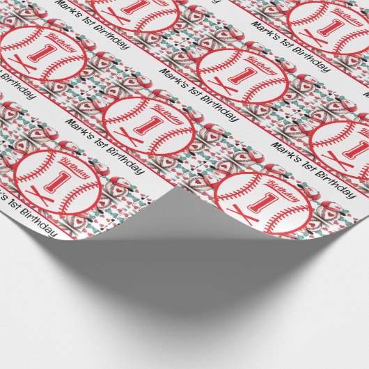 Baseball 1e verjaardag cadeaupapier (Hoek)