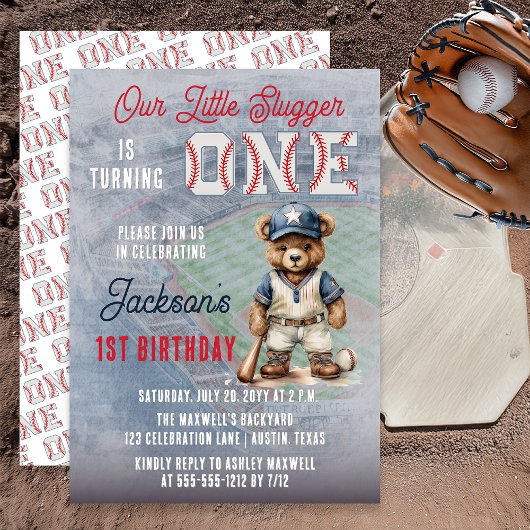 Baseball 1st Birthday Teddy Bear Little Slugger Kaart