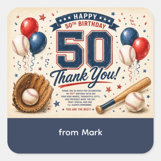 Baseball 50e verjaardag Dank je Vierkante Sticker (Voorkant)