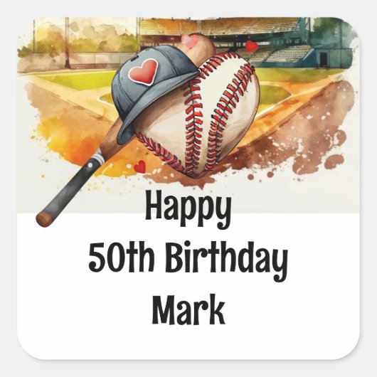 Baseball 50th Birthday Party Vierkante Sticker (Voorkant)