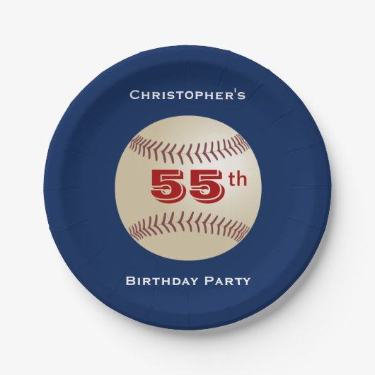 Baseball, 55th Birthday Party, Name, Blue Papieren Bordje (Voorkant)