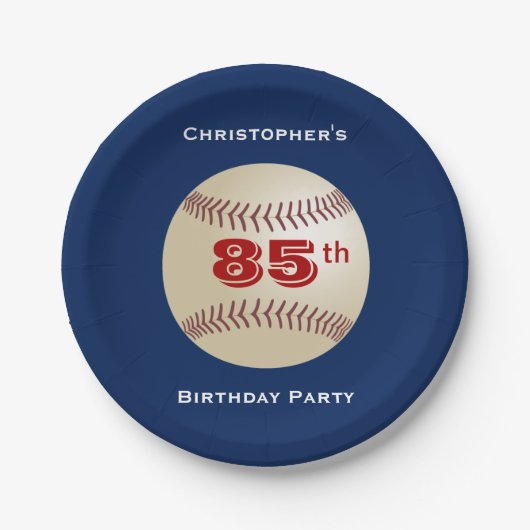 Baseball, 85th Birthday Party, Name, Blue Papieren Bordje (Voorkant)