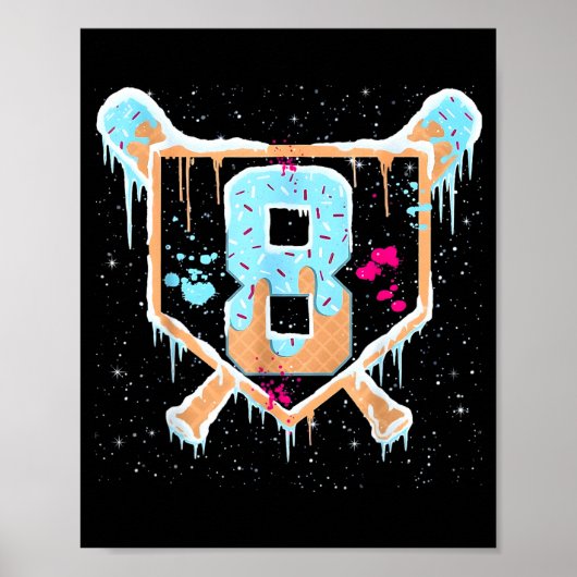 Baseball 8 Year Old Ice Cream Drip 8th Birthday Bo Poster (Voorkant)