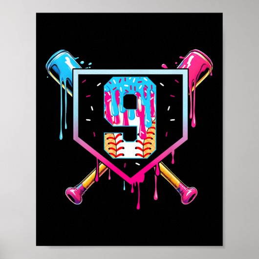 Baseball 9 Year Old Ice Cream Drip 9th Birthday Bo Poster (Voorkant)