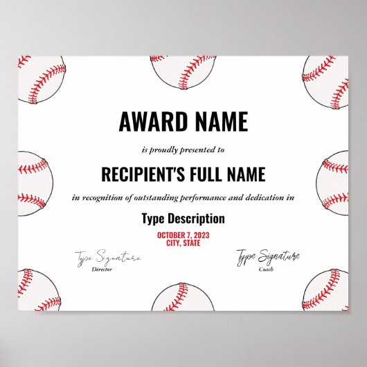 Baseball Achievement Award Certificaat - Instant Poster (Voorkant)