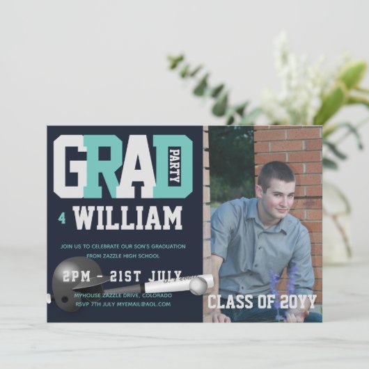 Baseball AFSTUDEREN PHOTO-uitnodiging Blauw Kaart (Staand voorkant)