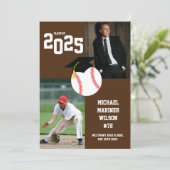 Baseball Afstuderen Sport Bruin Wit Uitnodiging (Staand voorkant)