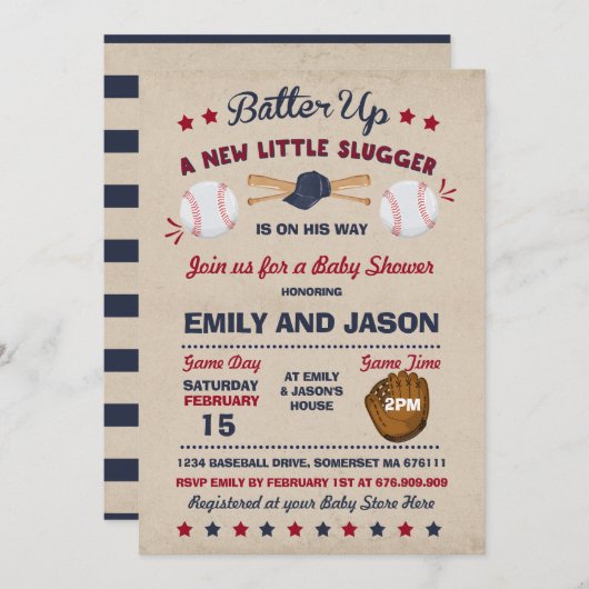 Baseball Baby shower Invitation Baseball Shower Kaart (Voorkant / Achterkant)