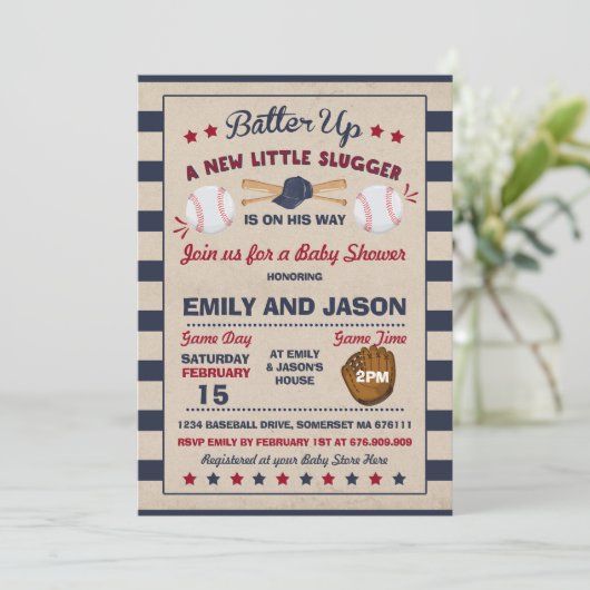 Baseball Baby shower Invitation Baseball Shower Kaart (Staand voorkant)